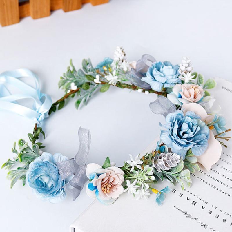 Blue Flower Hair Wreath Headband Crown Garland with Adjustable Ribbon Festivals Wedding Party Headpiece for Women Girl