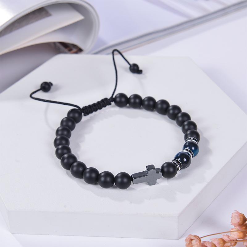 Charm Natural Stone Bracelet Cross Black Lava Matte Beaded Bracelets Handmade Men Women Prayer Fitness Chain Couple  Gift
