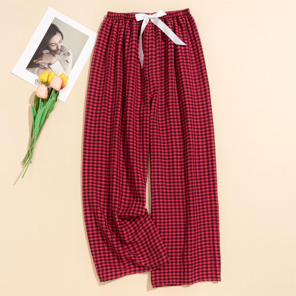 Women's Summer Plaid Wide-Leg Cotton Pajama Pants - Yarn-Dyed, Plus Size, Suitable for Outdoor Wear