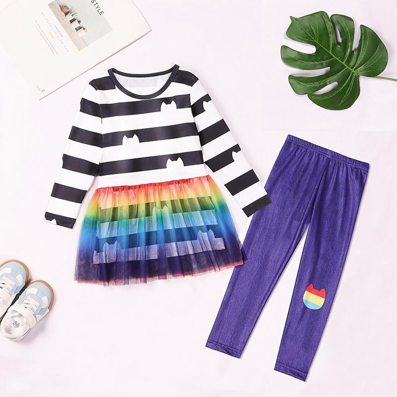 

Children Girls Rainbow Printed Ruffle Long Sleeves O Neck Casual Party Mesh Dress Long Pants Set 140cm черный белый