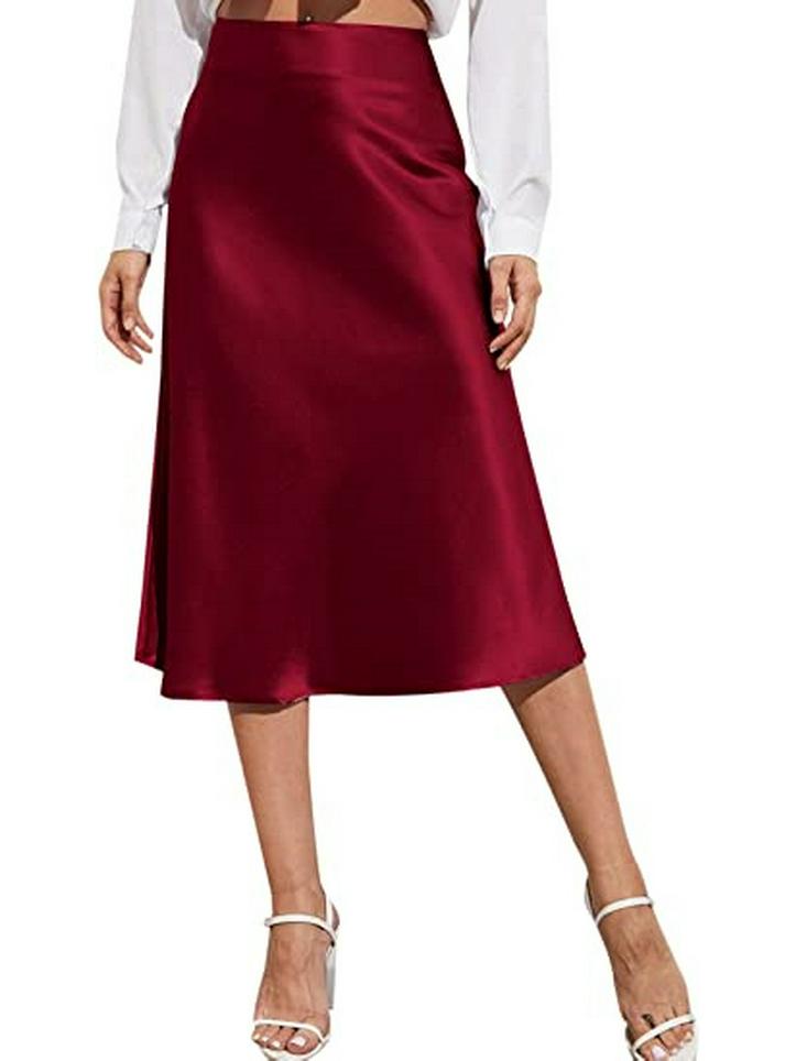 Women's High-Waist Satin Midi Skirt - Elegant Solid Color with Zipper