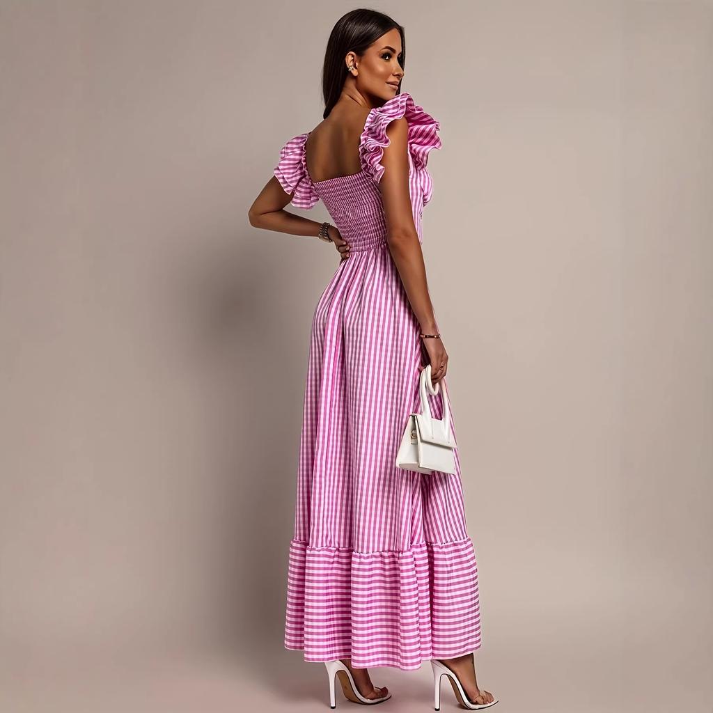 Women's Retro French Plaid Short-sleeved Dress with Ruffle Edge, Waist and Thin Dress