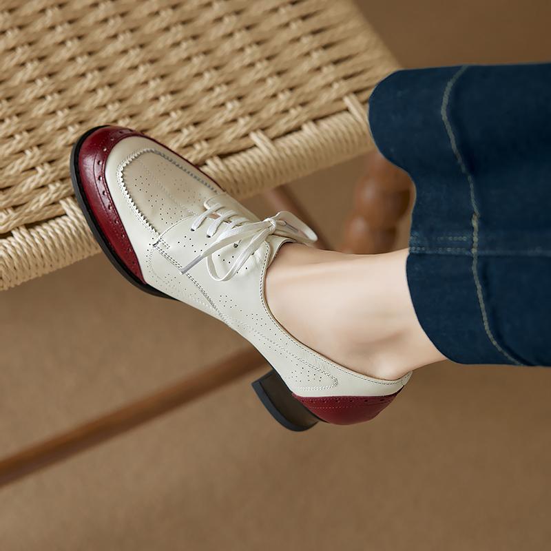 Fashion New Genuine Leather Women High Heel Shoes Lace Up Classic Round Toe Mid Heels Shoes Casual Loafers Office Lady Dress Size 34-40