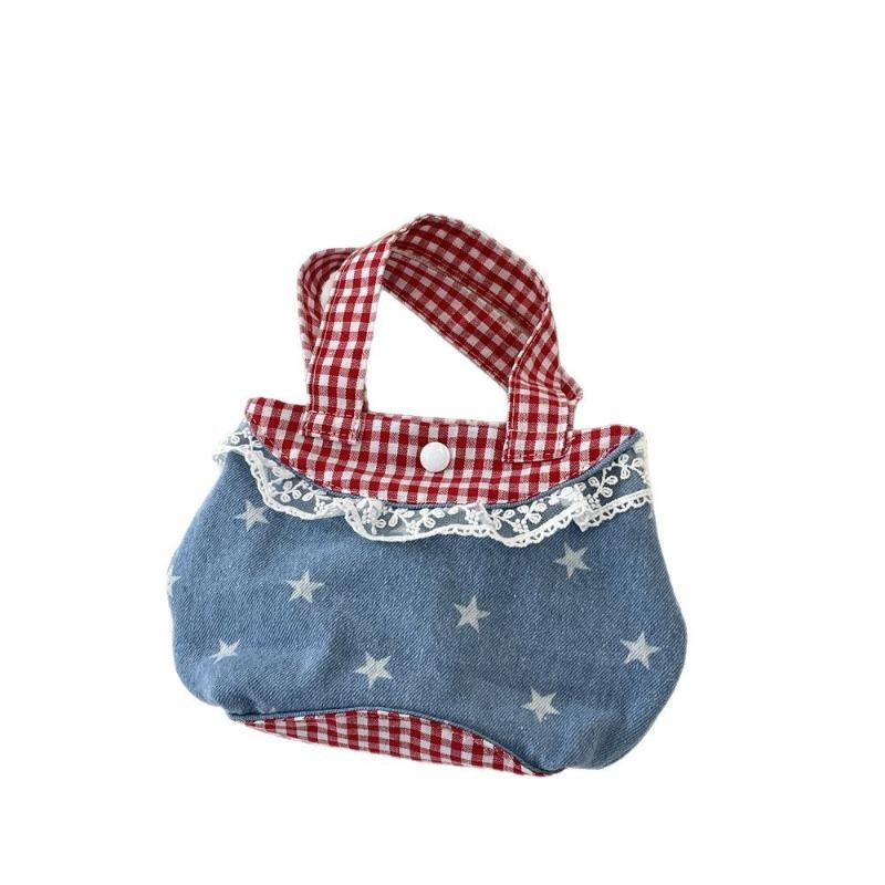 5 Sweet Little Fresh Lace Handbag Retro Fashion Red and Blue Contrasting Color Plaid Handbag
