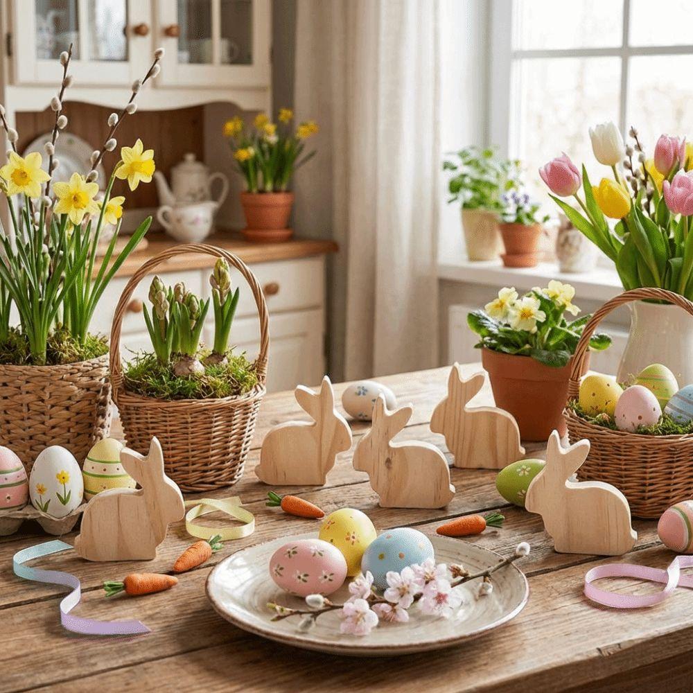 6Pcs Standing Easter Rabbit Ornaments Unfinished Bunny Figurine  Farmhouse Decor