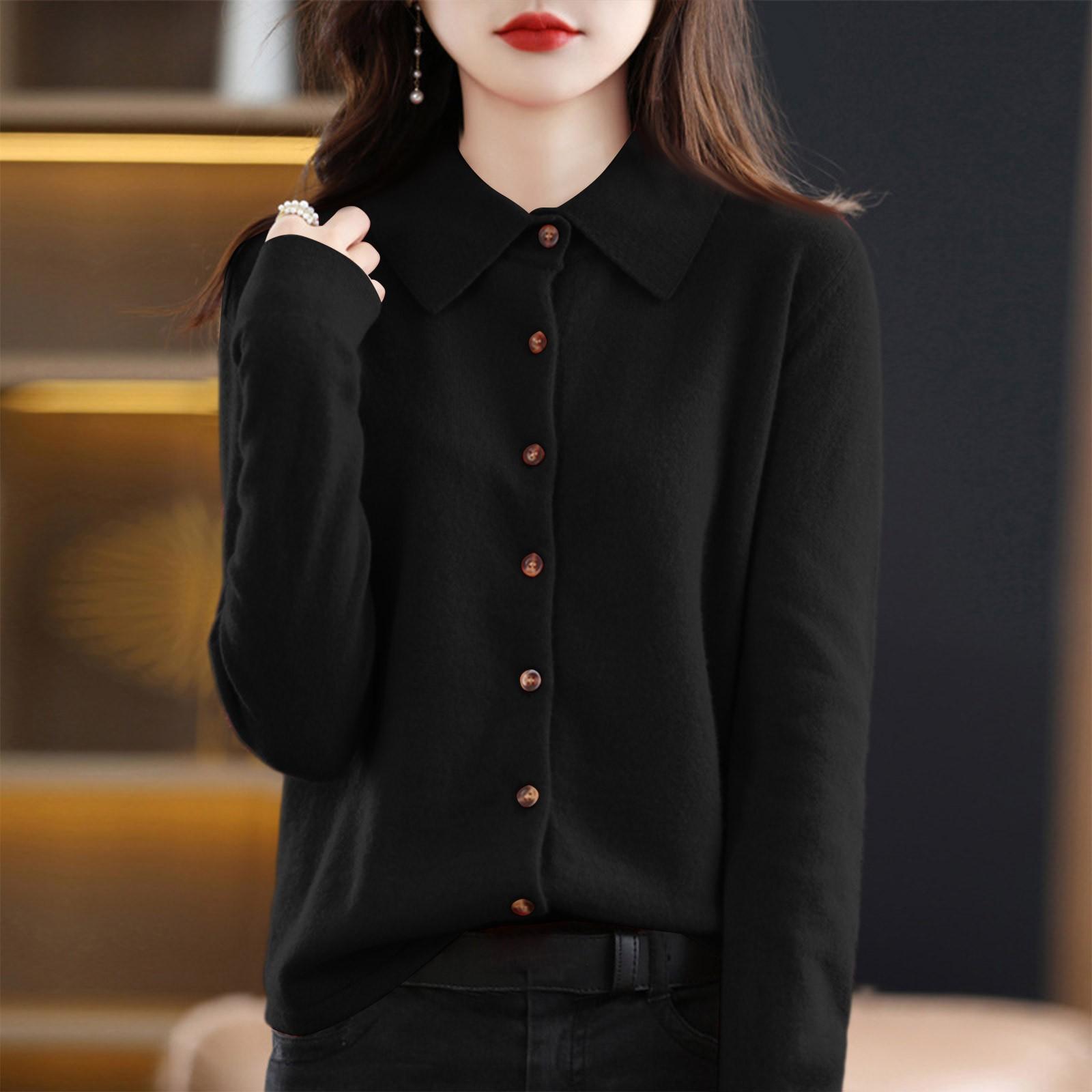 

Женский модный повседневный кардиган однотонного цвета свободного кроя с длинными рукавами и отложным воротником L чёрный