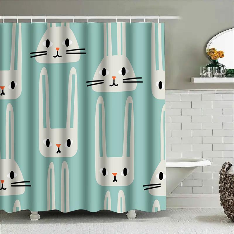 Adorable Bunny Print Shower Curtain For Bathroom Decoration Washable Fabric, Waterproof Design Suitable For Home Use.