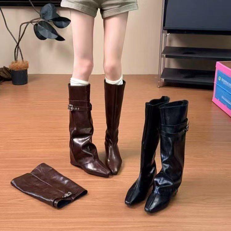 British Style, Cool And Fashionable, Two Wearing Removable Retro Belt Buckle Straight Boots For Women, Minimalist High-End Trouser Boots For Women