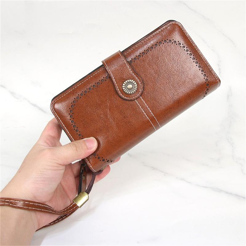 Women Long Wallet Large Capacity Hollow-Out Zipper Wallet Vintage Multi Card Holder Phone Purse Wristlet Clutch Lady Card Holder Coin Purse