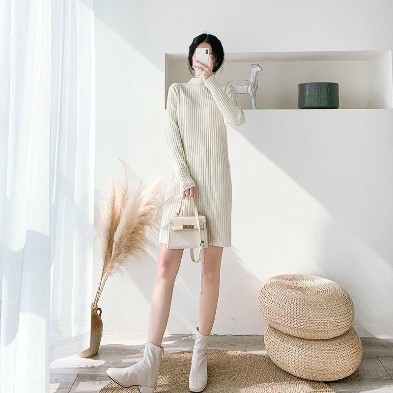 Plus-Size Women's Thickened Winter Long Knitted Wool Dress with Half-High Collar