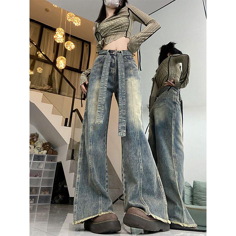 

Small Retro American High Street Denim Female Stylish Loose Slim Looking High Waist Straight Wide Leg Mop Pants Summer Retro Blue pants 156-165 XL