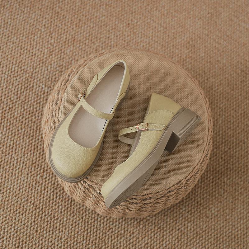 Inner Height Increase Small Leather Shoes Women's New Summer One-word with Thick Heel Mary Jane Shoes Women's Single Shoes Small Size