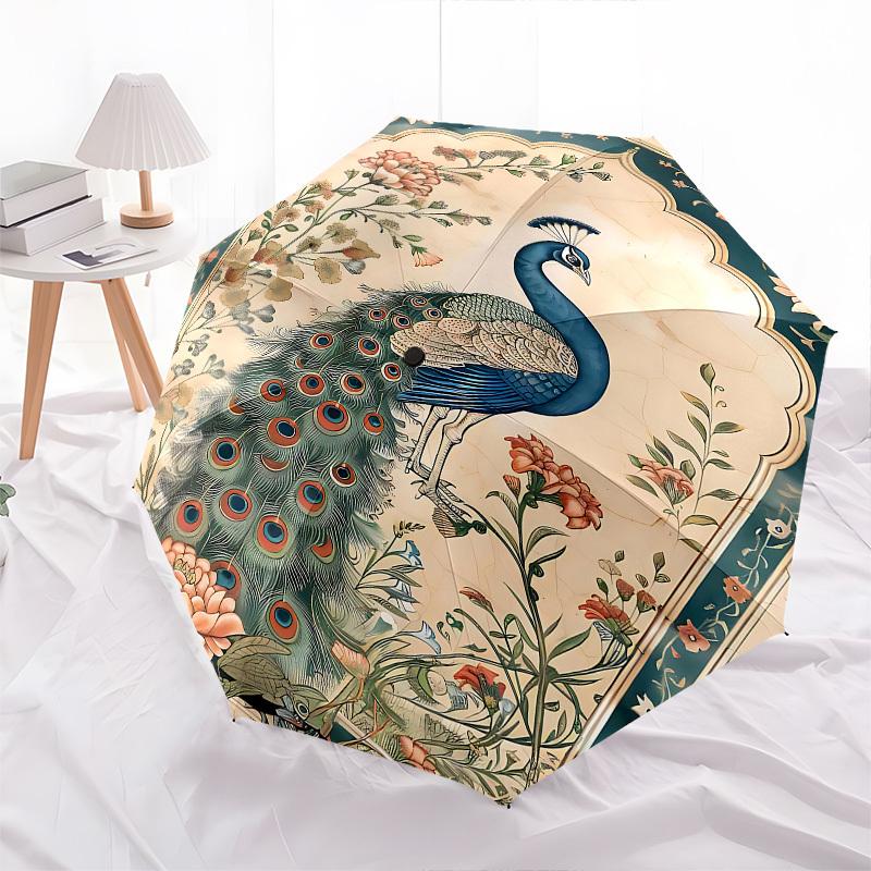 1pc peacock flowers umbrella with 8 iron ribs and a plastic handle, automatic opening and closing, and daily use.1109