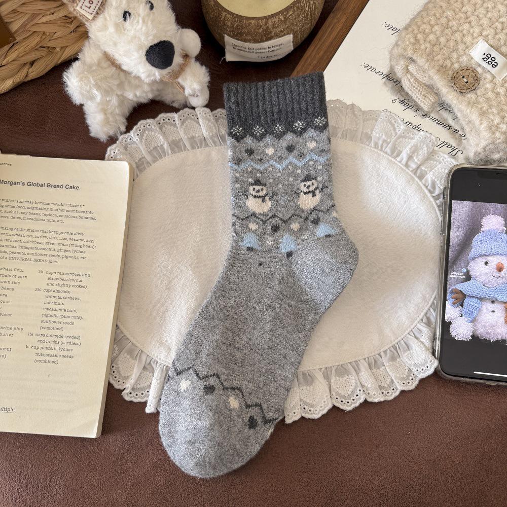 Chaussettes en Laine Mi-Mollet Fair Isle Bonhomme de Neige pour Femmes, Chaudes pour l'Hiver et Noël, Style Rétro Japonais.