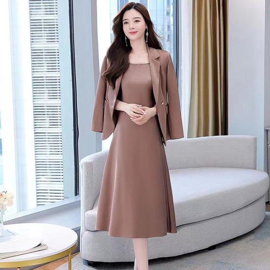 2Pcs/Set Women Outfit Commute Trendy Comfortable Mid-length Light Luxury Streetwear Sling Spring Coat Dress Spring Clothing