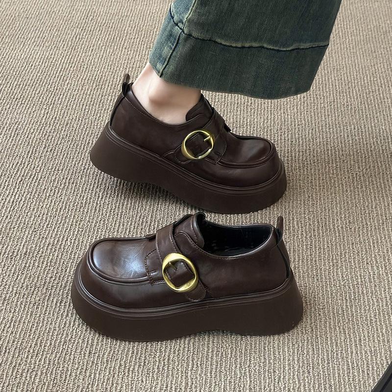 Black Round Head High-end Small Leather Shoes Women's Spring 2025 New Muffin Shoes Platform Sweet Cool Single Shoes Loafers