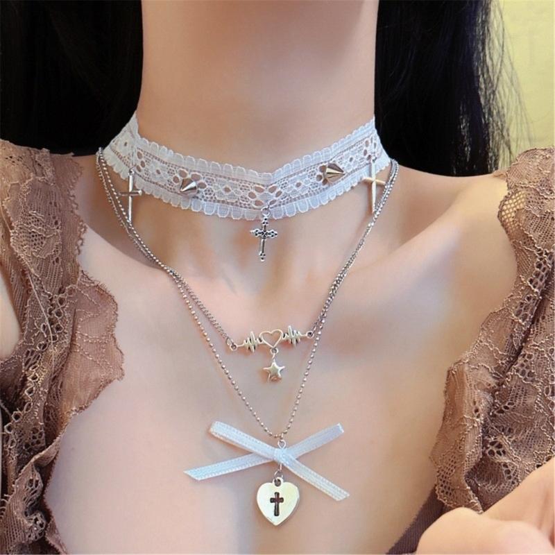 Fashion Neck Jewelry Pendant Necklace Lace Necklace Bowknot Necklace Fashion Star Pendant Necklace Gift for Women Girls