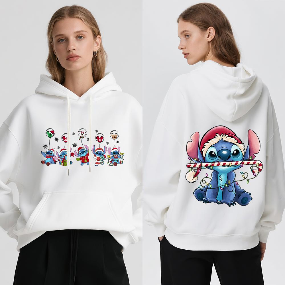 Disney Stitch Christmas Print Women Fleece Hoodie Winter Warm Pullover Casual Holiday Travel Party Outfit Soft Cozy Sweatshirt