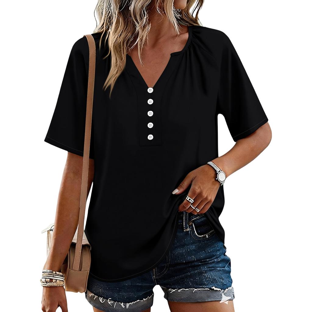 Modisches Lässiges Damen Oberteil mit Knopfleiste und V-Ausschnitt, kurzärmlig