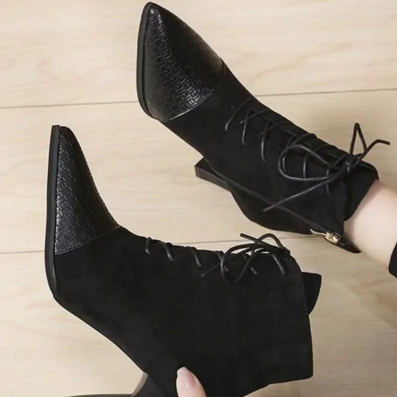 Fashion 2024 Winter Hot Front Lace-up Women's Boots Fashion Side Zipper Office and Career Sexy Pointed Toe High Heels Shoes for Women