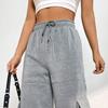 Women Cargo Pants Elastic High Waist Adjustable Drawstring Long Pants with Multi Pockets Wide Leg Design Solid Color Casual Pants