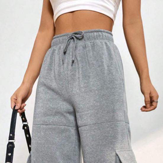 Women Cargo Pants Elastic High Waist Adjustable Drawstring Long Pants with Multi Pockets Wide Leg Design Solid Color Casual Pants