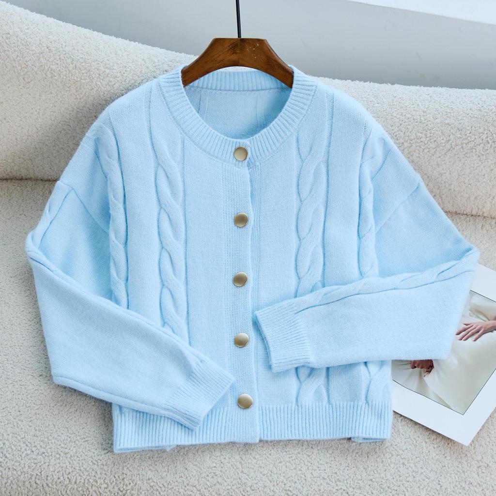 Autumn New Round Neck Twist Three-dimensional Twist Texture Knitted Cardigan Sweater Women