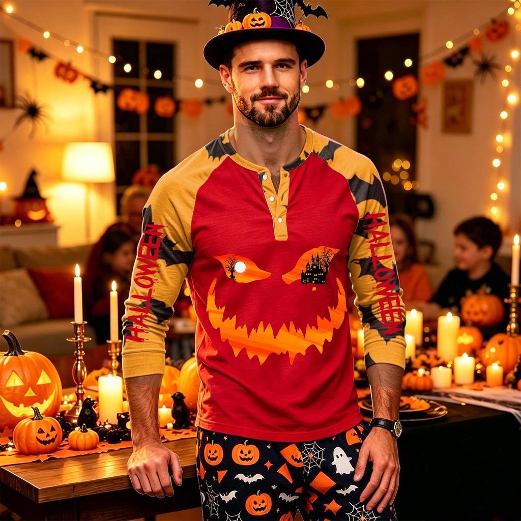 Men's Long Sleeve Shirt with Halloween Print Pattern for Casual Wear