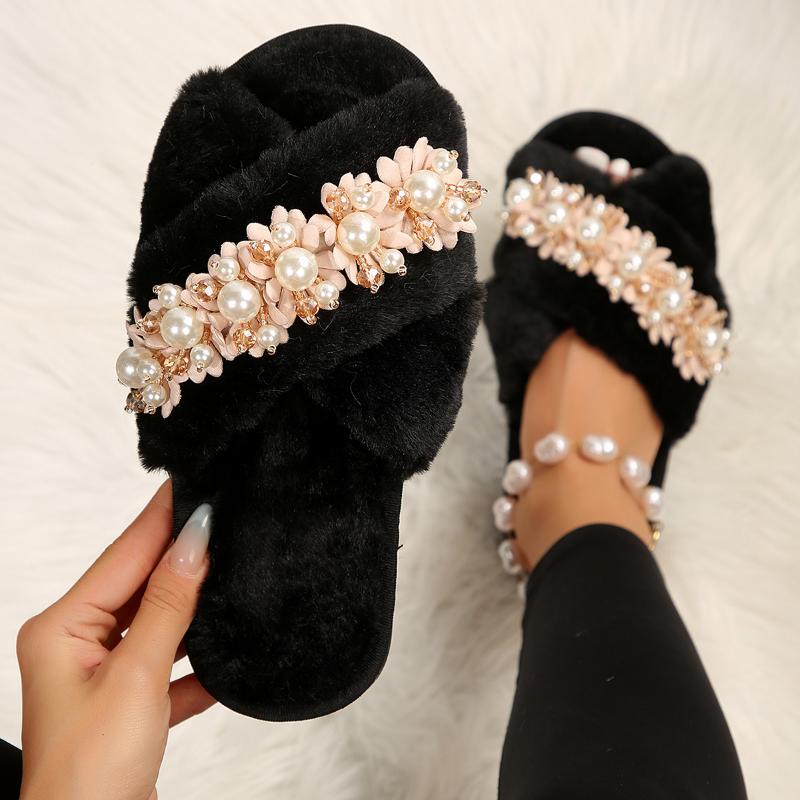 Fashion Women's Flat Home Cotton Slippers Autumn Witer Keep Warm Fur Flowers Beaded Slipper for Women Casual Light Non-slip Slides Shoes