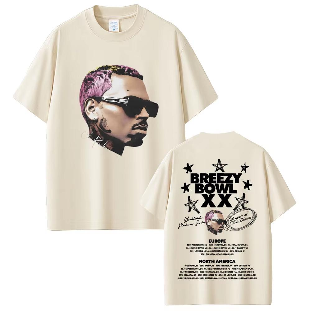 Vintage Washed Chris Brown Breezy Bowl XX Tour 2025 R&B Pop Graphic T-shirt Men Women Printed Tee Summer Casual Fashion Clothing Tops Streetwear