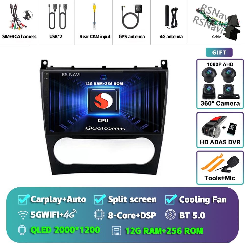 Android 14 Carplay Auto For Benz W203 Car Radio Player Multimedia Stereo Navigation 4G+WIFI AI Voice Head Unit DVD 360 Camera BT