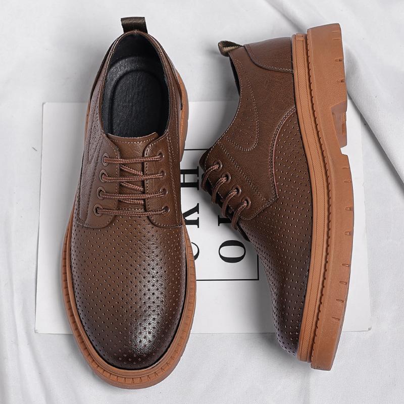 Leather shoes men's summer breathable casual men's shoes thin hollow black British trend 2025