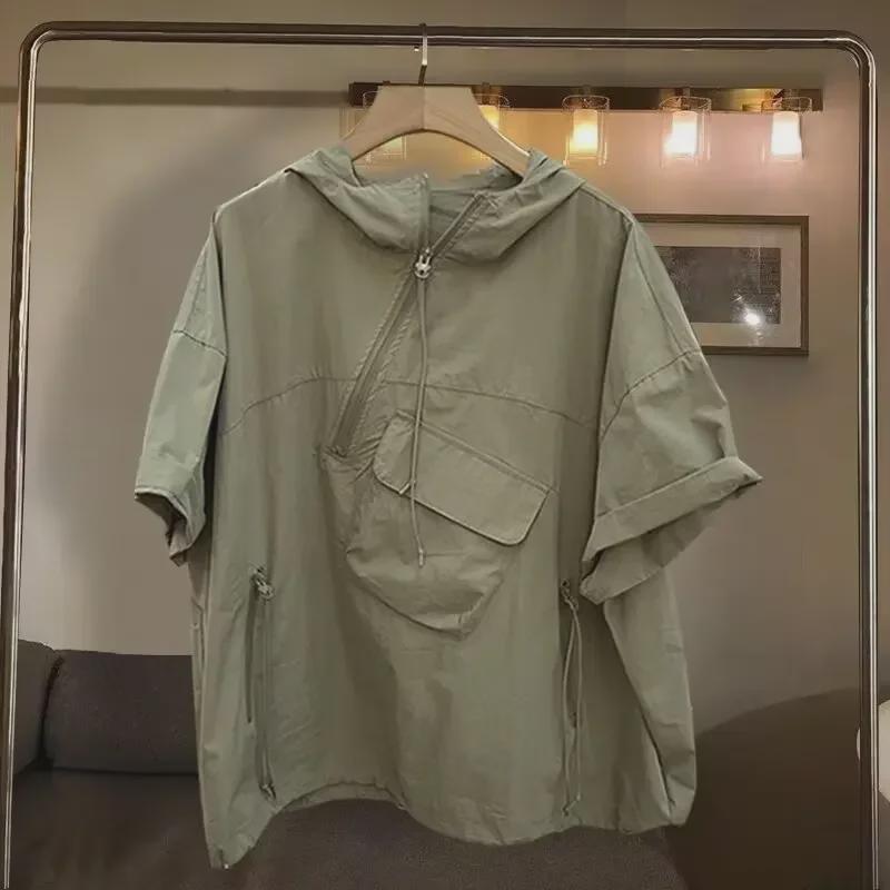 Trendy sommer-hettegenser for menn i ensfarget glidelås med lommedesign – kortermet T-skjorte med løs passform