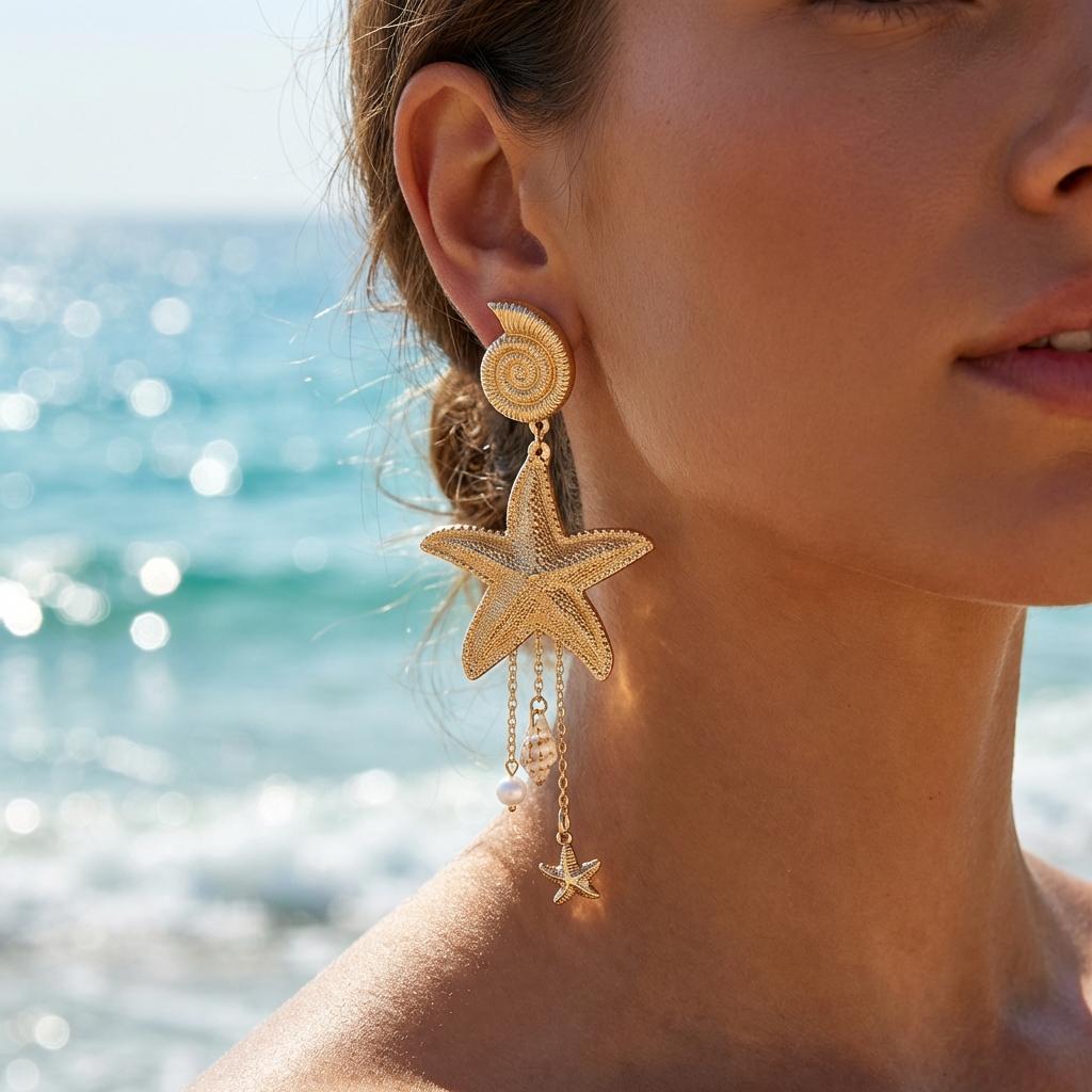 Exaggerated Large Metal Starfish Conch Drop Earrings for Women Ocean Style Long Tassel Piercing Earring Girl Beach Party Jewelry