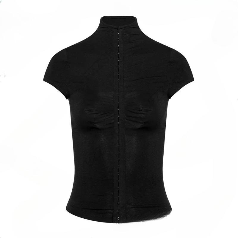 TrendHub Gothic Harajuku Y2K Women's Crop Top Casual Slim Fit Striped Lace Bow Button Design Short Sleeve T-Shirt Chic Trendy Streetwear