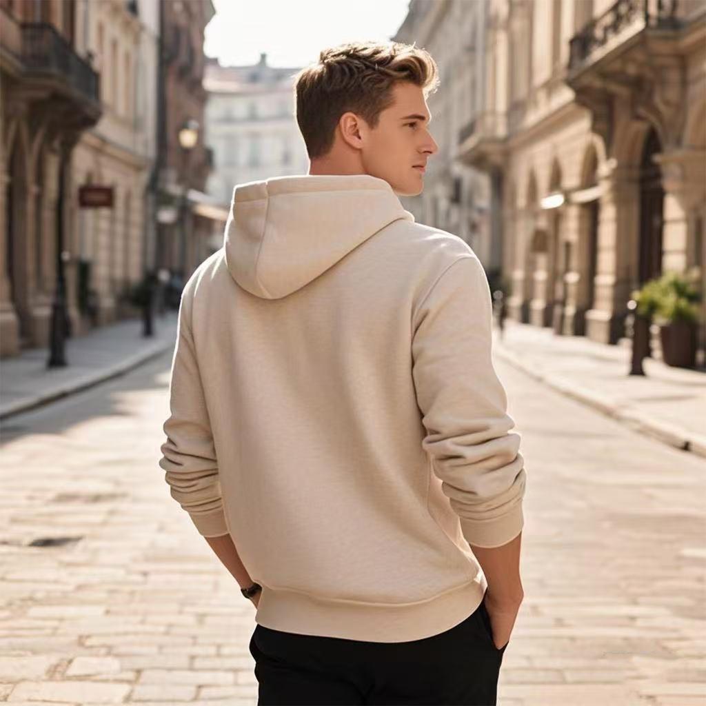 Men's Pullover Hooded Sweatshirt Solid Color Round Neck Loose Hoodie Long Sleeve Top
