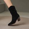 Fashion 2025 Autumn Cow Suede Women Boots Pointed Toe Chunky Heels Boots for Women Winter Boots Mid-calf Boots High Heels Zapatos Mujer