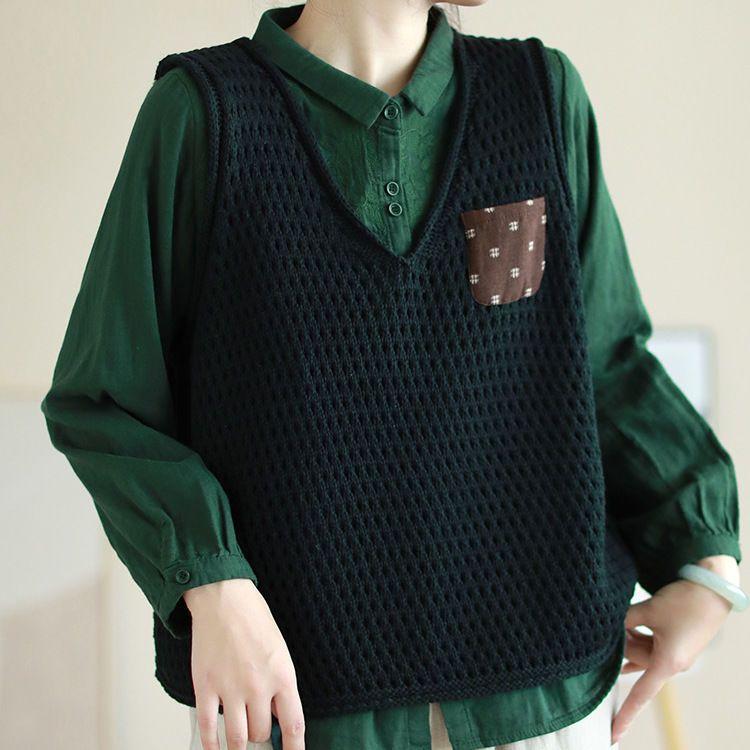 Women's Original Artistic Knitted Vest Appliqué Paneled Solid Color Cotton Thread Hollow-Out Sleeveless Pullover V-Neck Vest