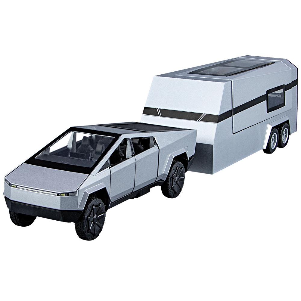 1:32 Tesla Pickup Truck Toy with Caravan: Alloy Pull-back Model with Sound, Light, and Opening Doors