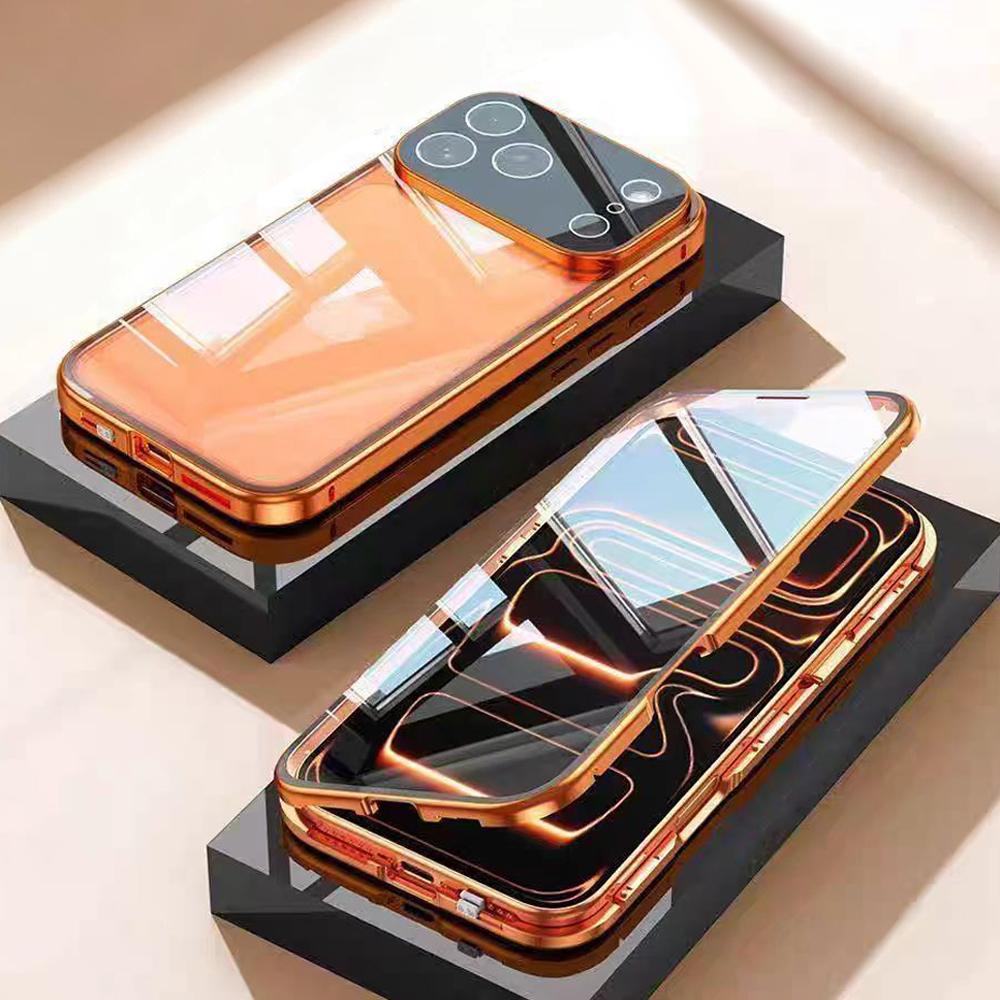 360 Full Protection Metal Magnetic Double-Sided Glass Snap Lock Phone Case For iPhone 17 Air 16 15 14 13 12 11 Pro Max Lens Protection Cover