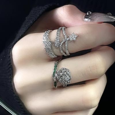 Rose Open Ring Stacked With Stars, Niche Design, High-End Fashion, Diamond-Encrusted Zircon Index Finger Ring, Women