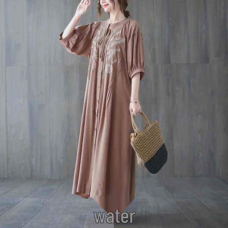 2025 Summer Plus Size Women's Retro Embroidered V-Neck Bell Sleeve Dress