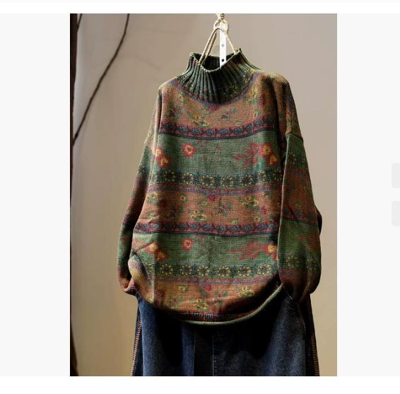 Vintage Floral Print Mock Neck Casual Loose Sweater Woman Autumn Fashion Cotton Long Sleeves Sweater