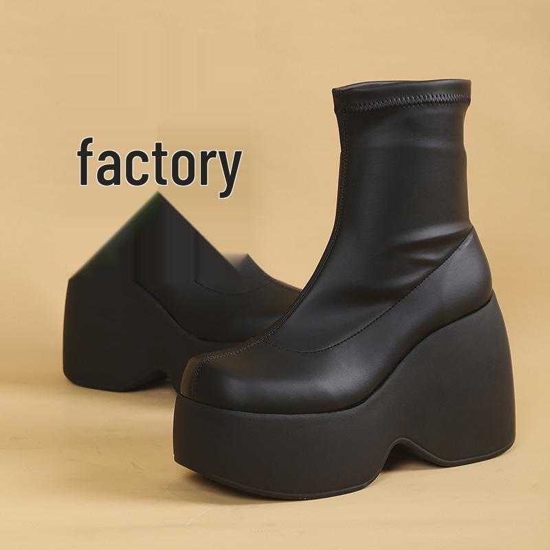 2022 Herfst/Winter Damesmode Wedge Hak Enkellaarsjes - Dikke Zool, Plateau, Mid-Kalf Hoog, Slankmakend Elastisch Design