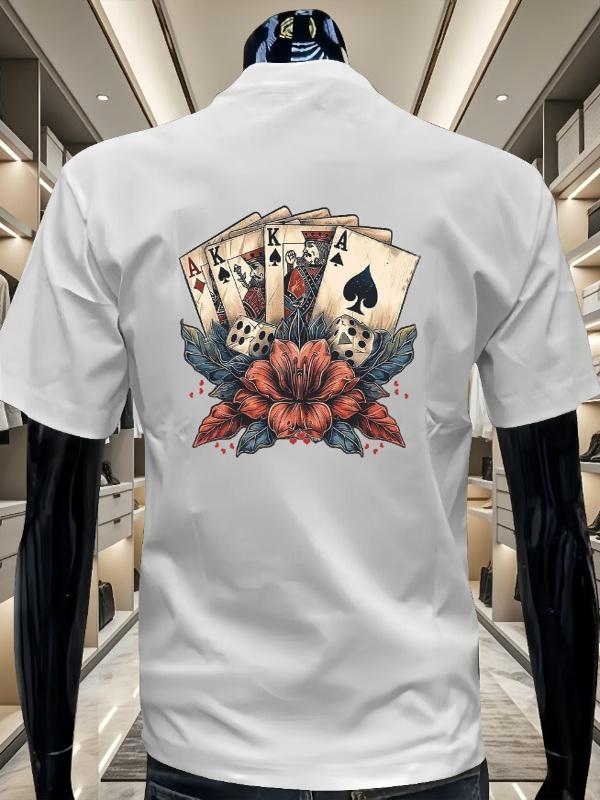 2025 Léto Nové Bavlněné Tričko s Krátkým Rukávem Pánské Jednobarevné Designový Smysl Potisk Pokeru Kulatý Výstřih Velká Velikost Pohodlný Top