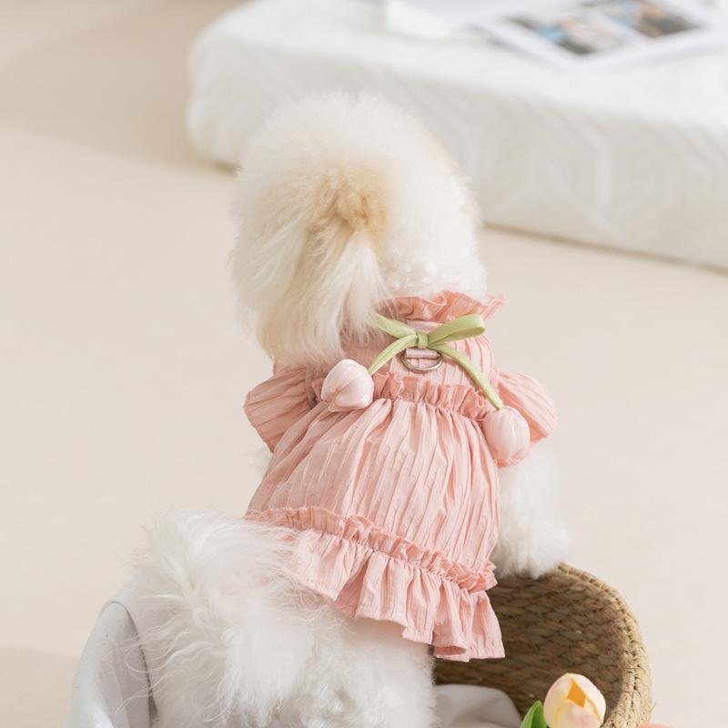 Spring Summer Dog Tulip Pleated Dress Teddy Dress Princess Style Lady Cat Two Feet Pet Dress