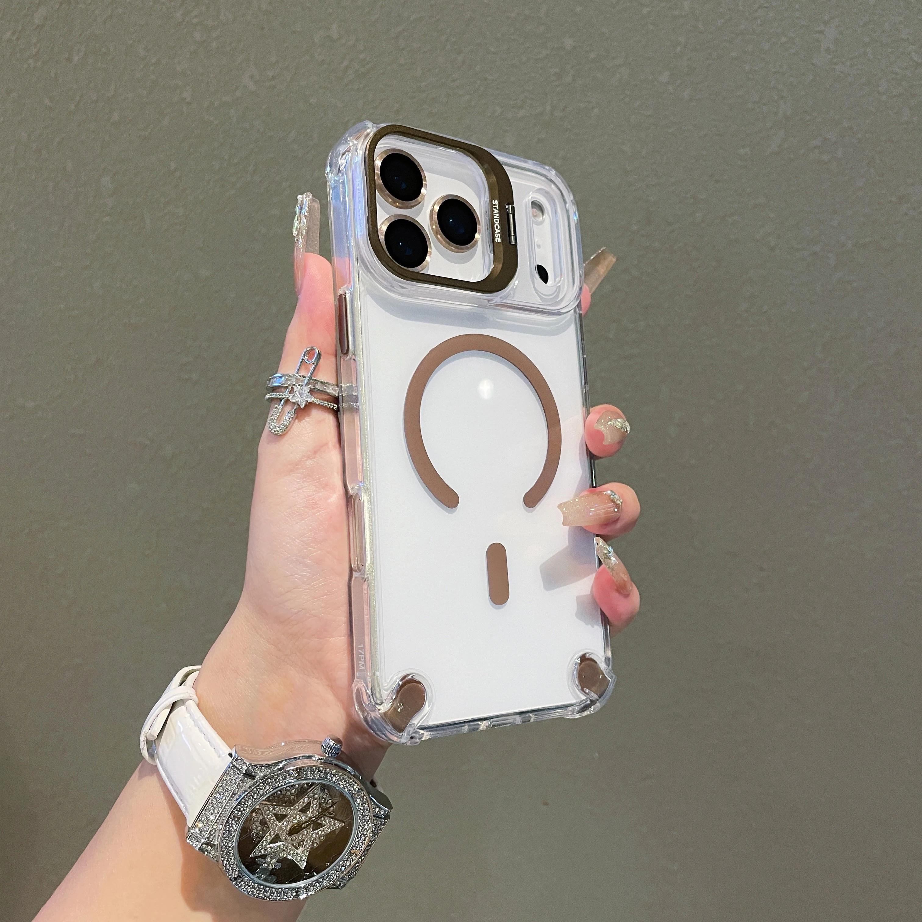 

For Magsafe Transparent Phone Cases For iPhone 17 Pro Max Air 14 15 Plus 12 13 16 Pro Camera Metal Stand Lens Ring Protect Cover iPhone Air