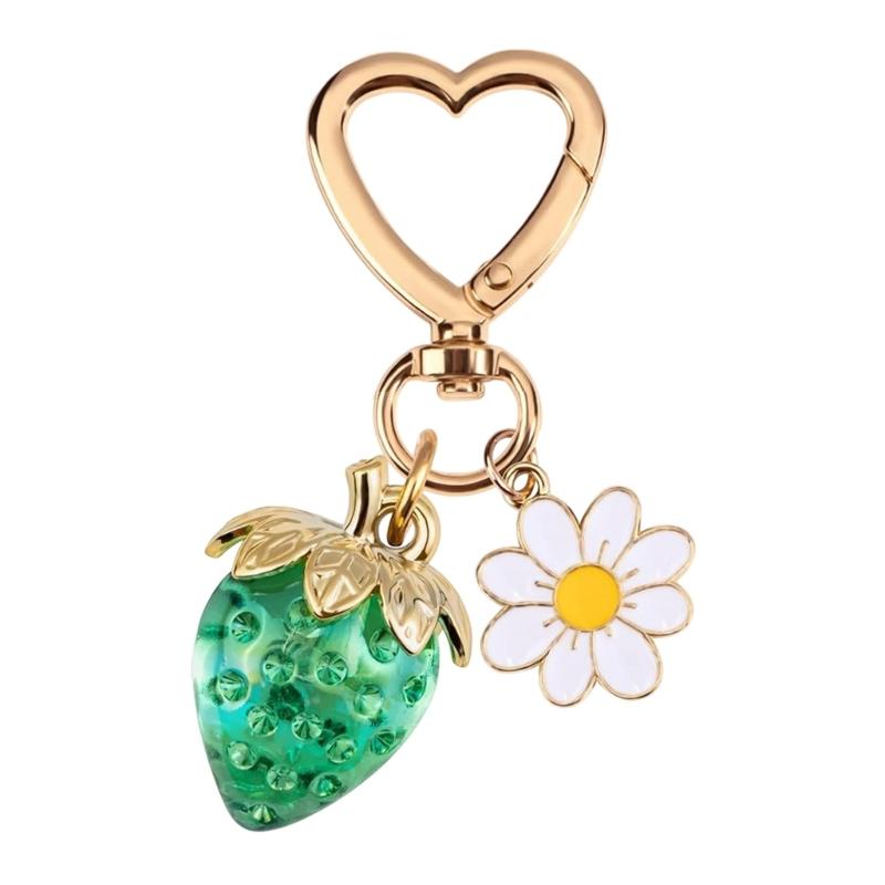 Romance Heart Shaped Resin Keychain With Strawberry Daisy Designs Portable Sturdy for Keys Bags Gifts