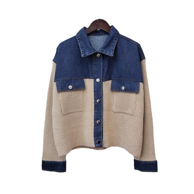Autumn and Winter New Splicing Denim Knitted Cardigan Short Loose and Versatile Design Sweater Jacket Women