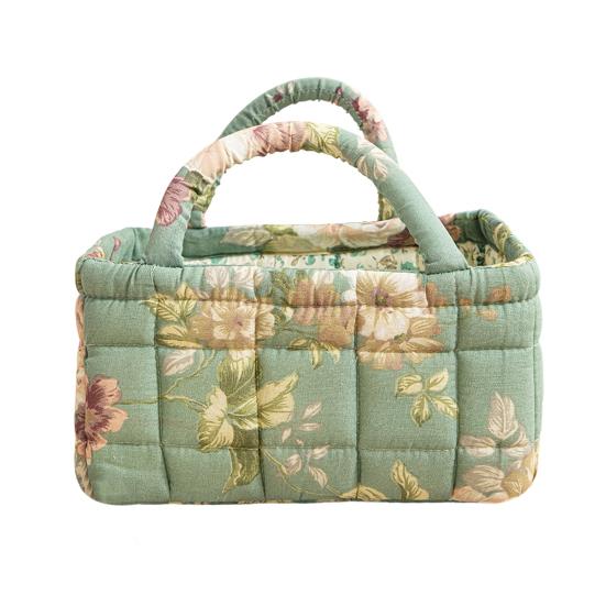 Quilted Floral Storage Basket Fabric Foldable Storage Tote with Handles Boho Collapsible Basket for Nursery Toys Towels Clothes Storage